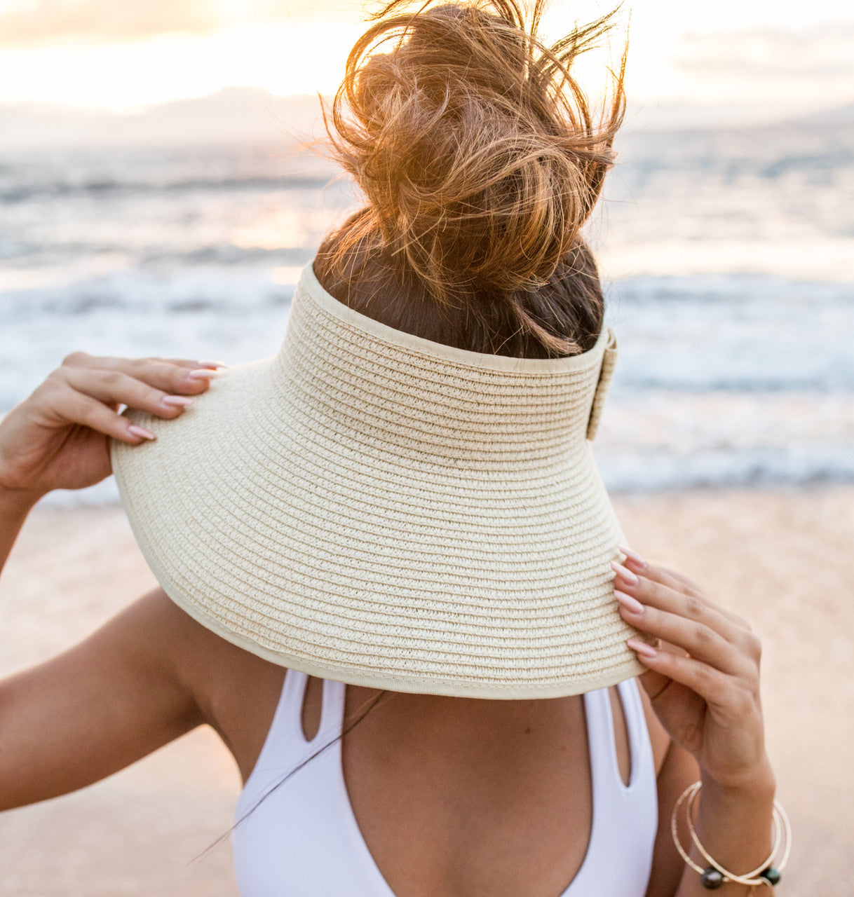 Foldable Wide Brim Bow Visor- Cream