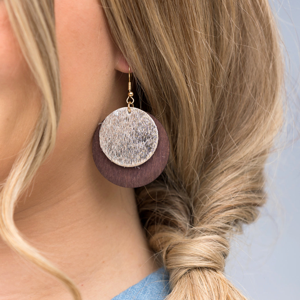 Leather & Wood Circle Earrings