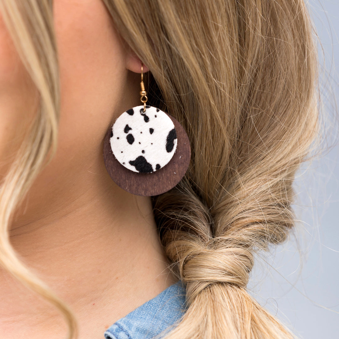 Leather & Wood Circle Earrings