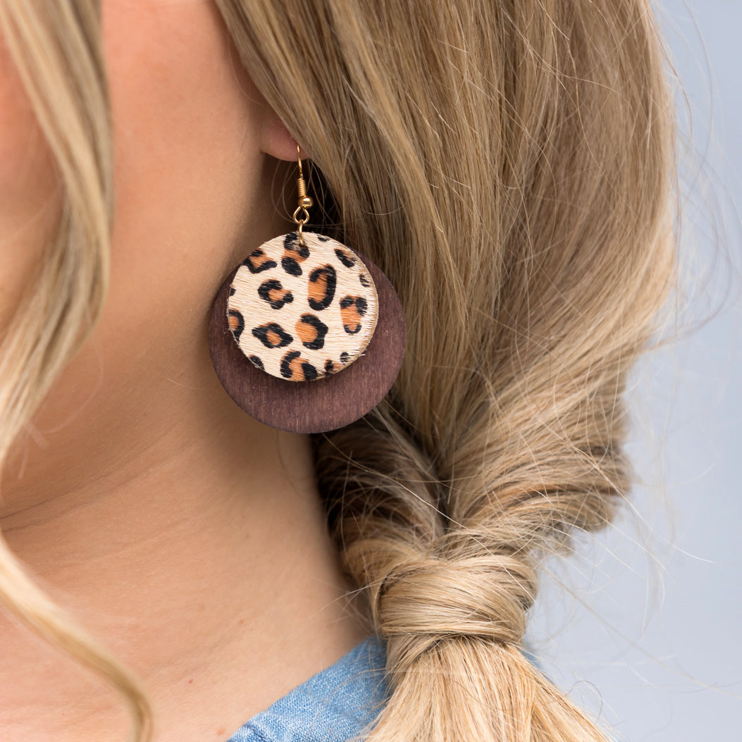 Leather & Wood Circle Earrings