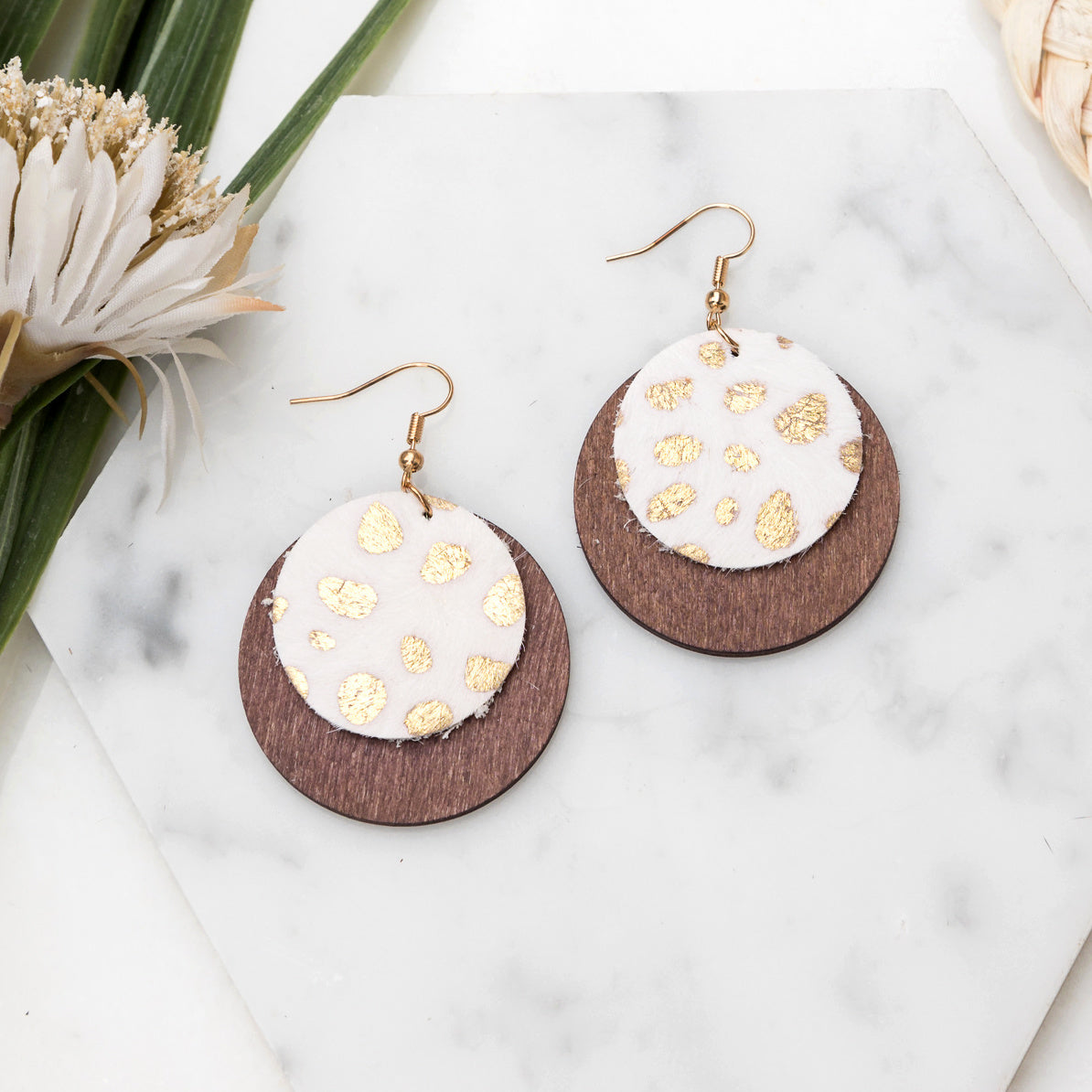 Leather & Wood Circle Earrings