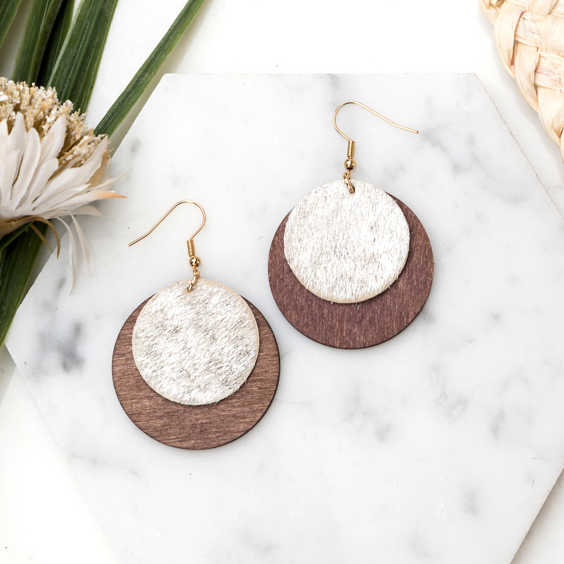 Leather & Wood Circle Earrings