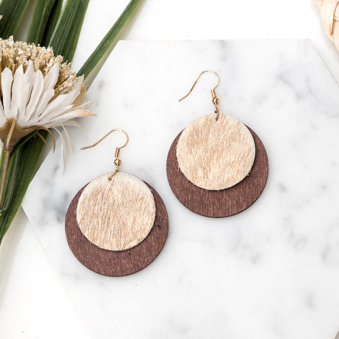 Leather & Wood Circle Earrings