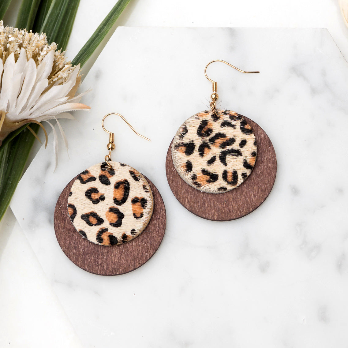 Leather & Wood Circle Earrings