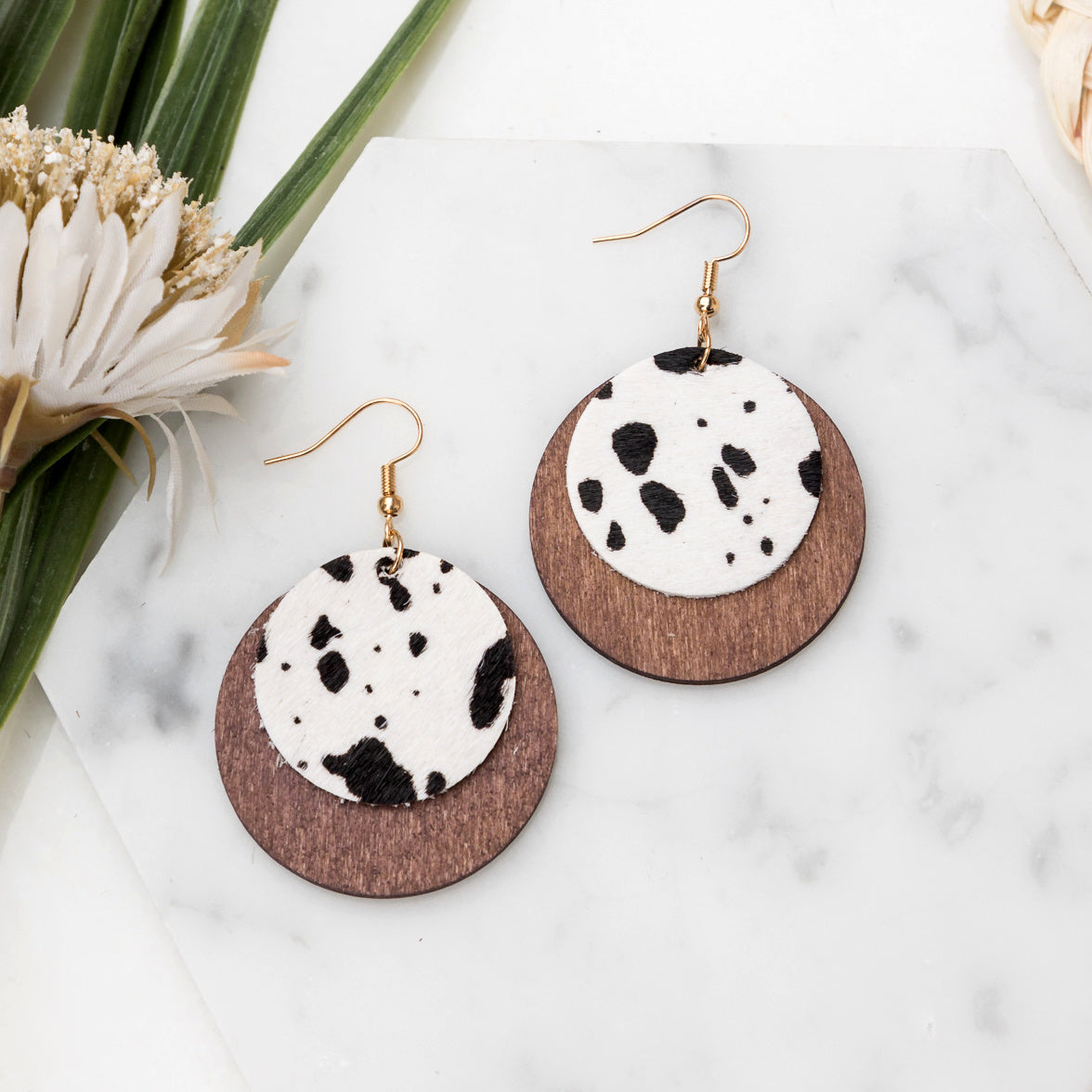 Leather & Wood Circle Earrings