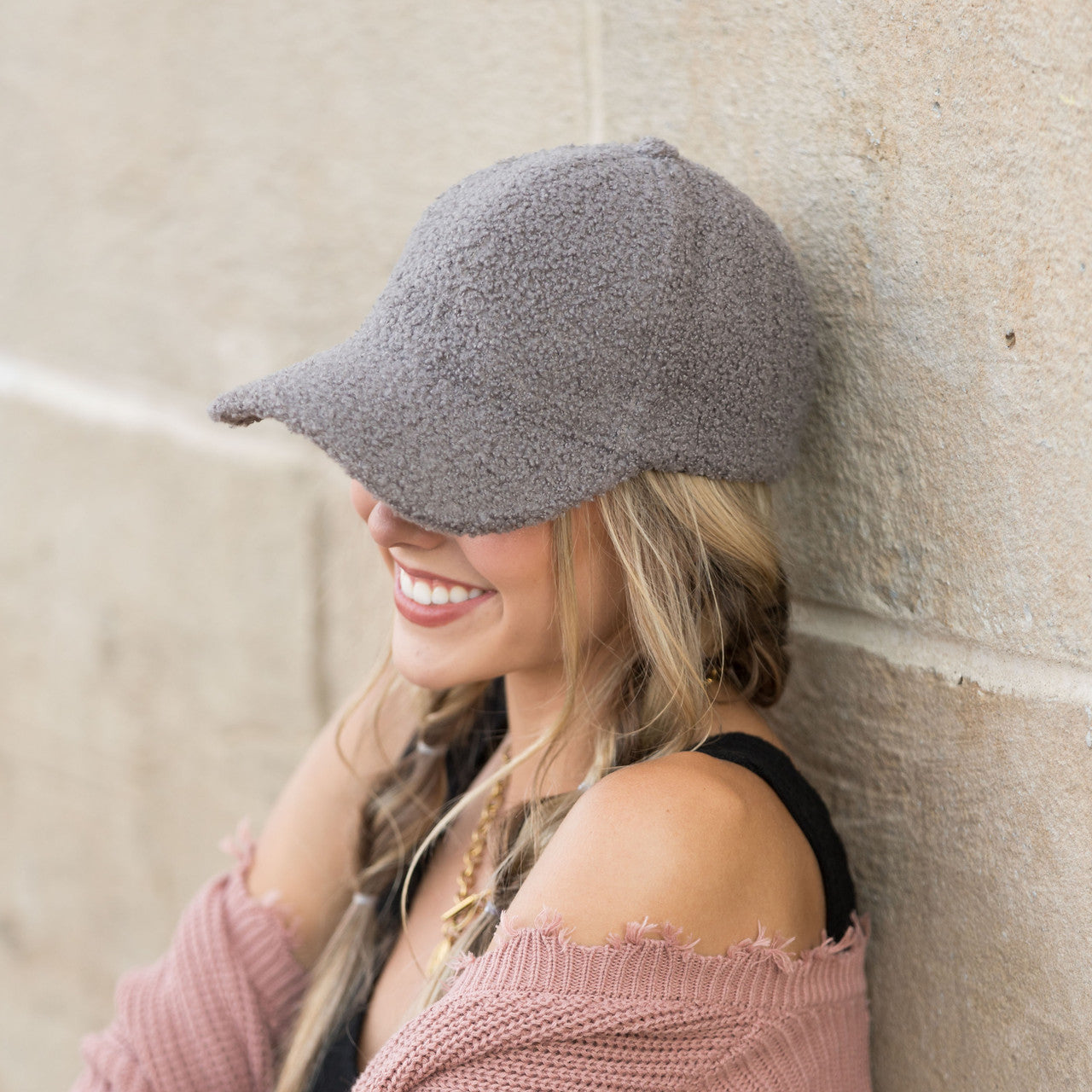 Boucle Sherpa Boyfriend Ball Cap-Gray