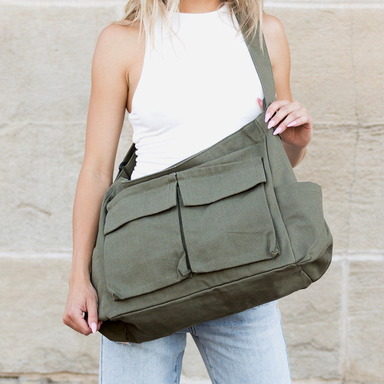 Nova Oversize Canvas Messenger Bag- Olive