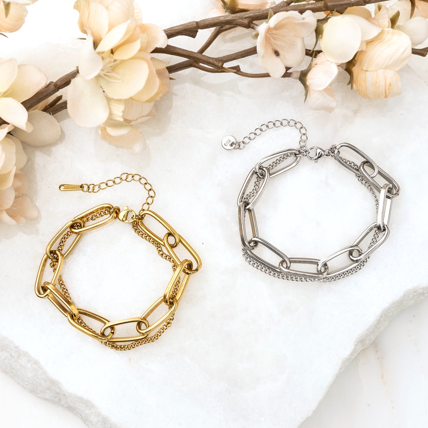 18K STAINLESS STEEL LAYERED PAPERCLIP BRACELET
