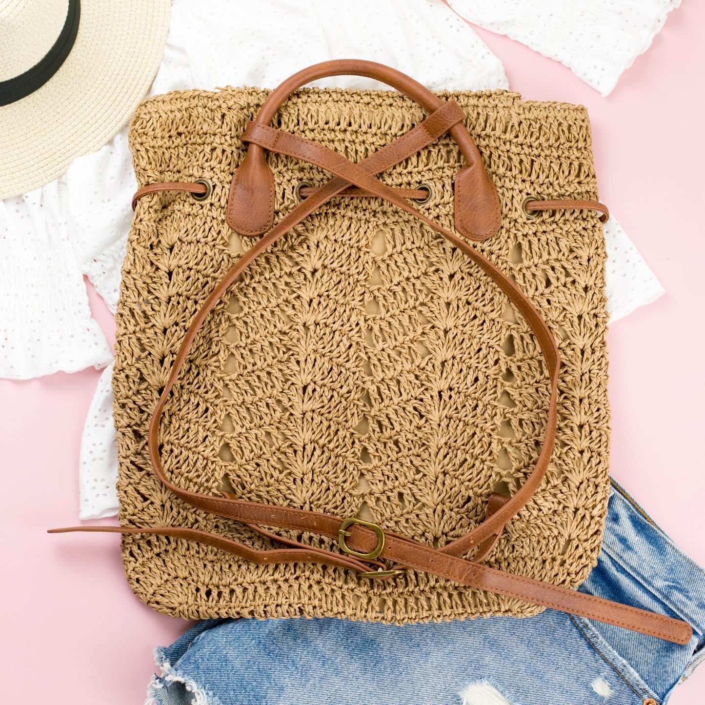 Woven Straw Backpack