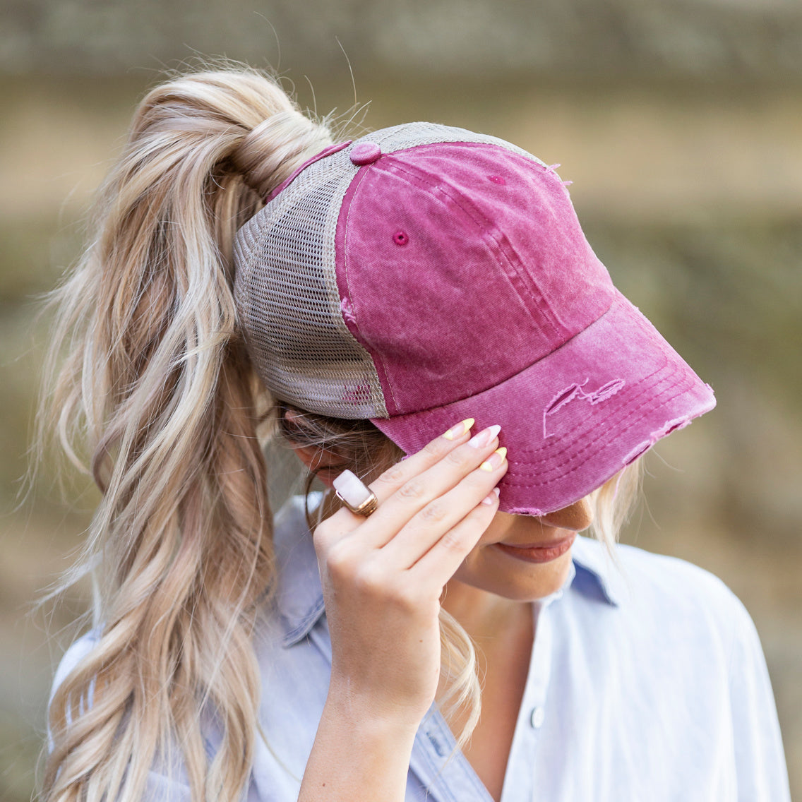 Distressed Messy Bun Hat Cap