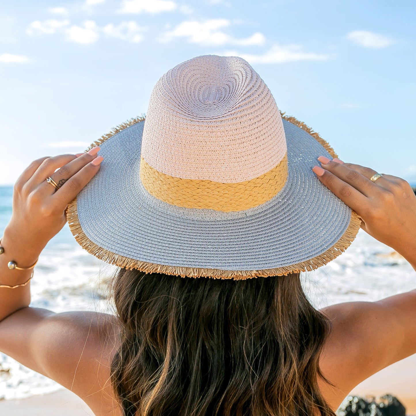Fray-Edge Rattan Band Straw Panama Fedora Hat