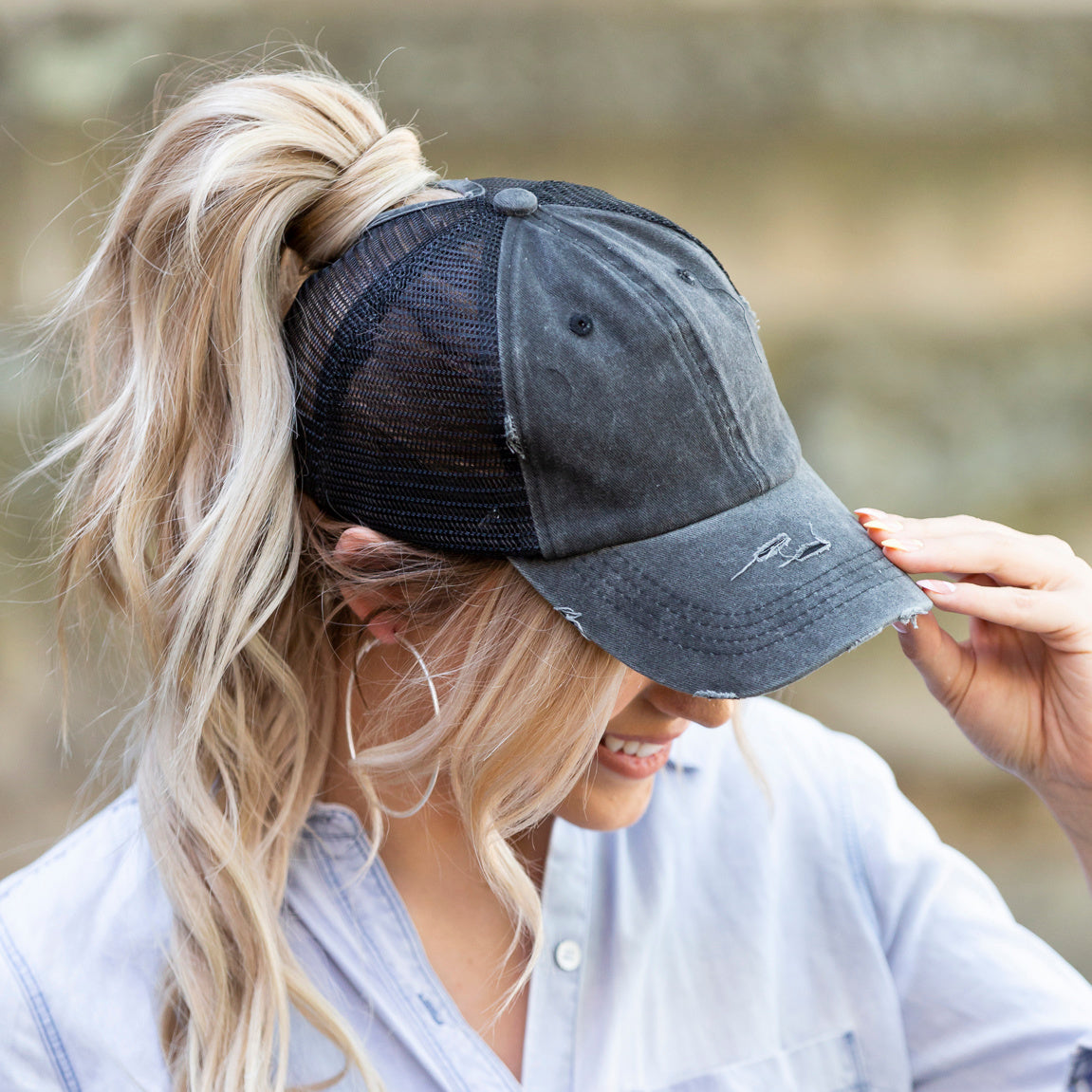 Distressed Messy Bun Hat Cap