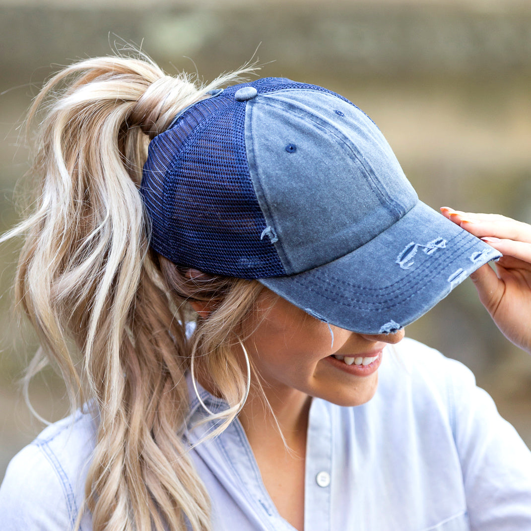 Distressed Messy Bun Hat Cap