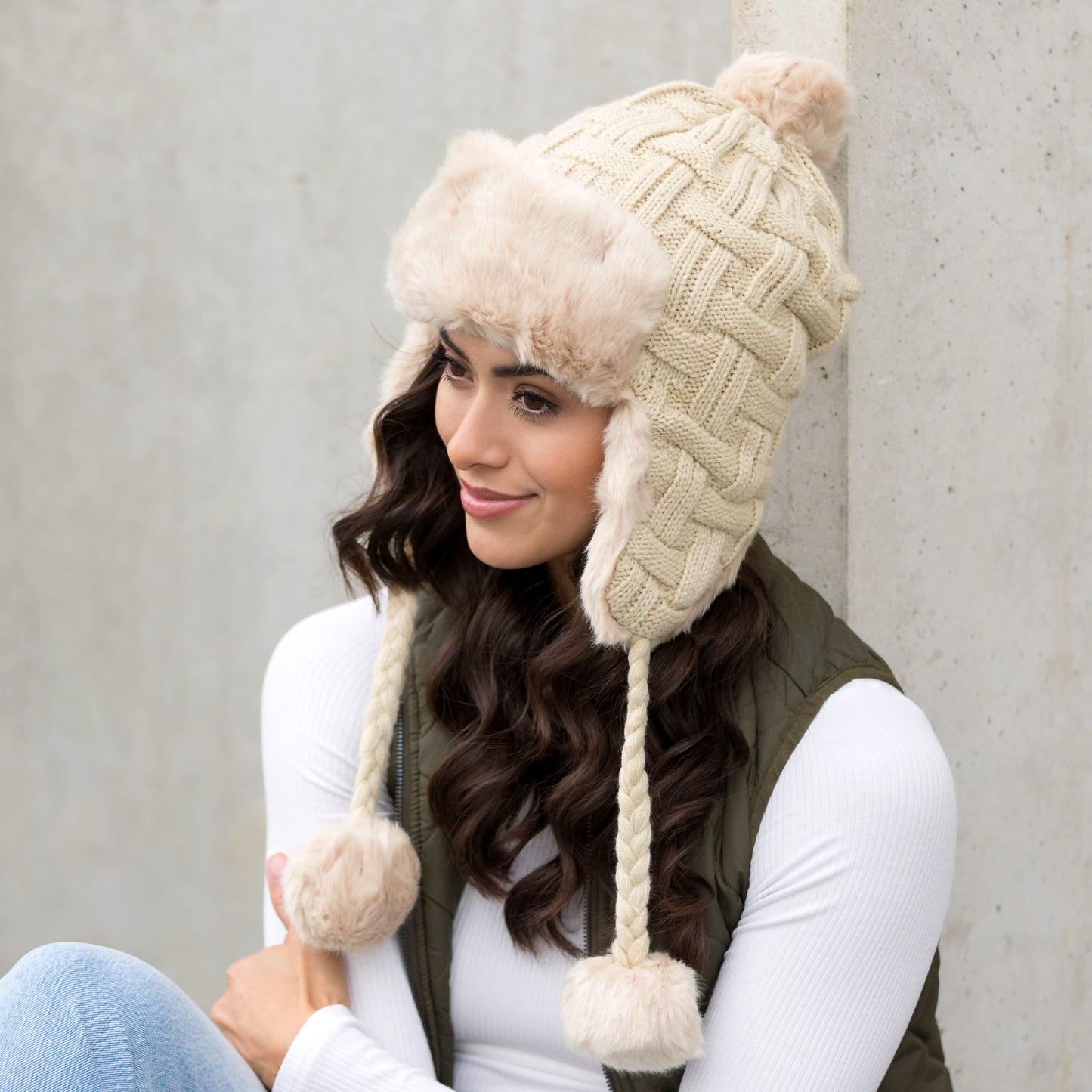 Cable Weave Pom Trapper Hat