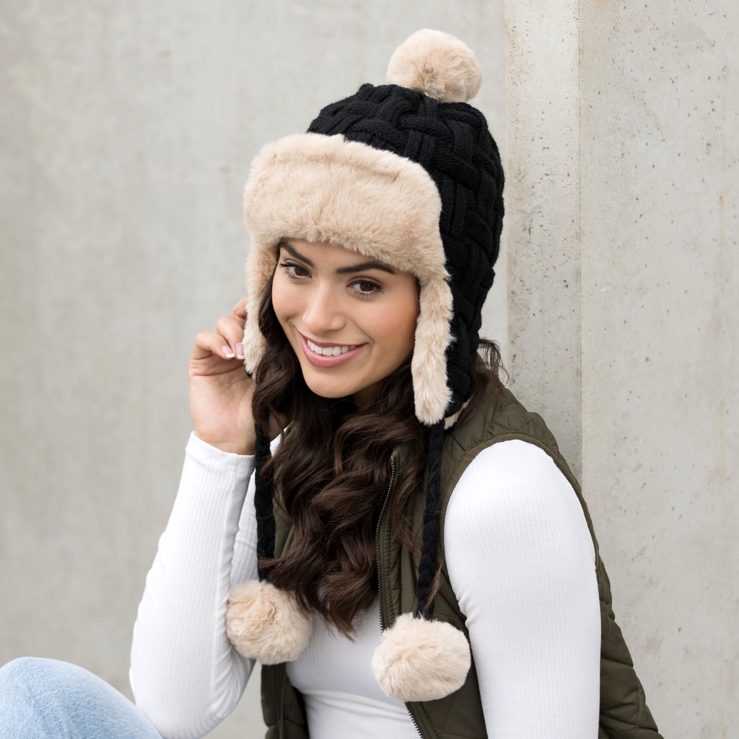 Cable Weave Pom Trapper Hat