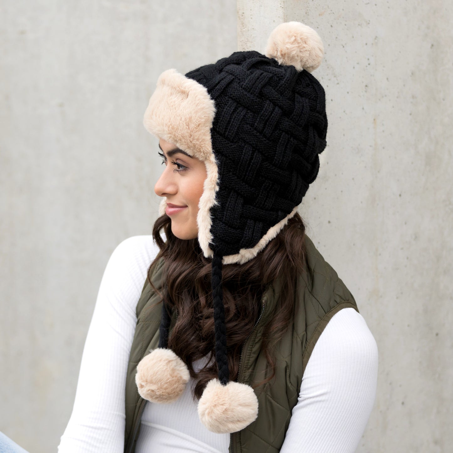 Cable Weave Pom Trapper Hat