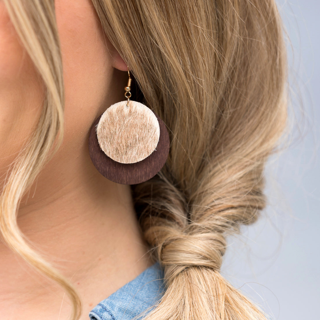 Leather & Wood Circle Earrings
