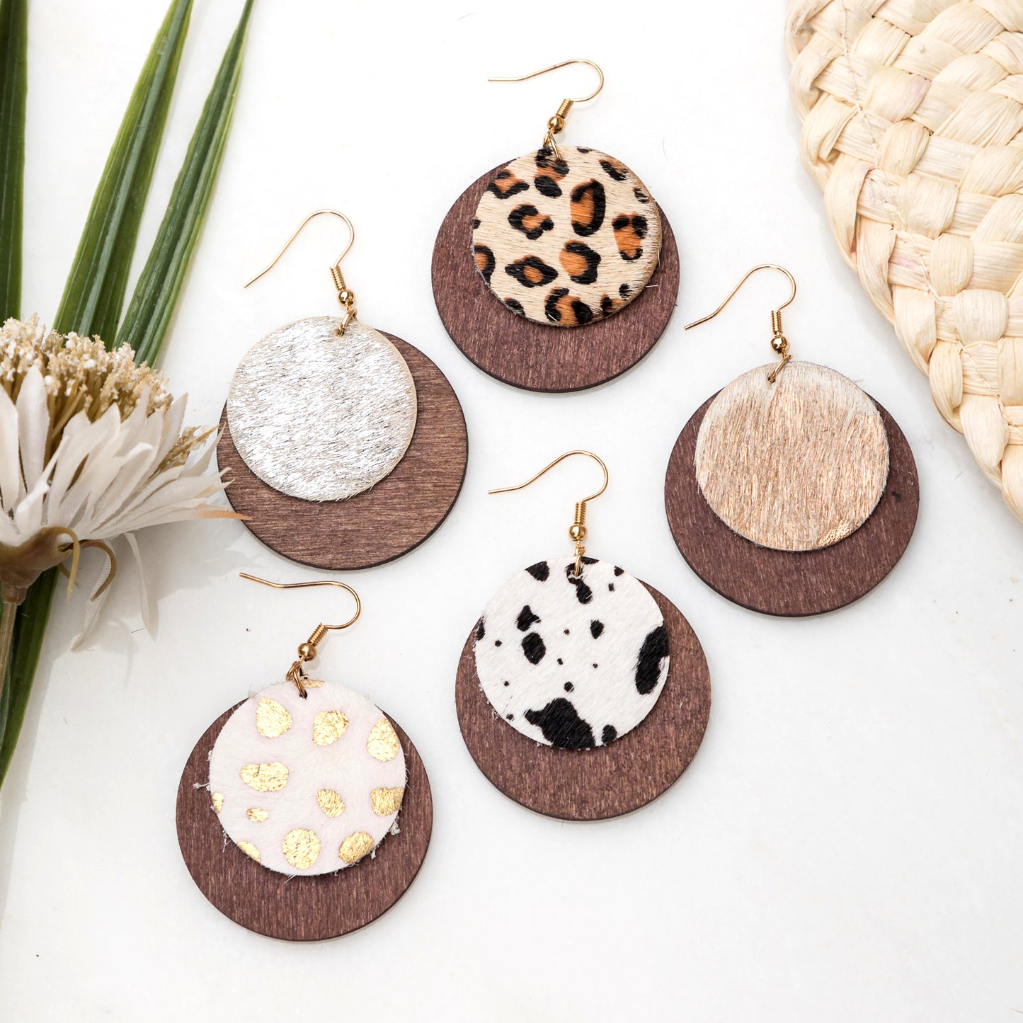 Leather & Wood Circle Earrings
