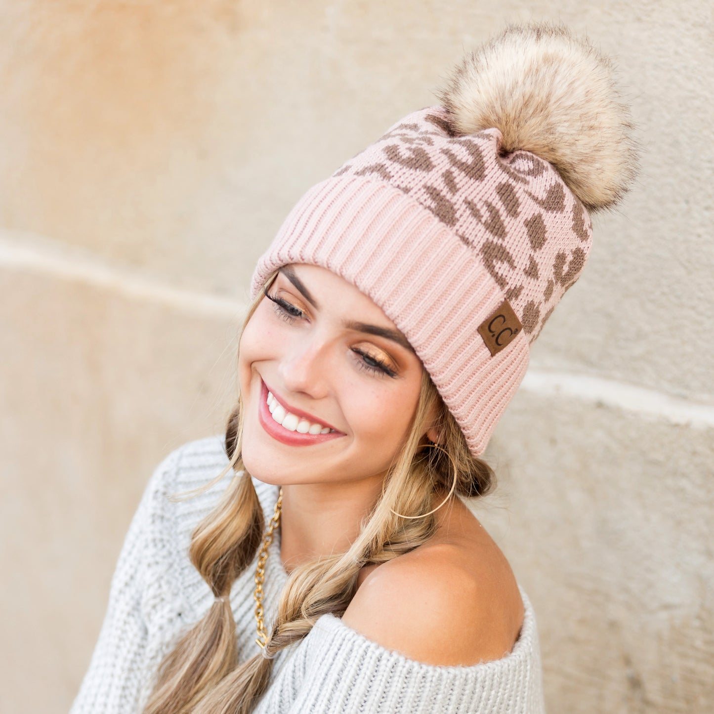 C.C® Natural Leopard Pom Beanie