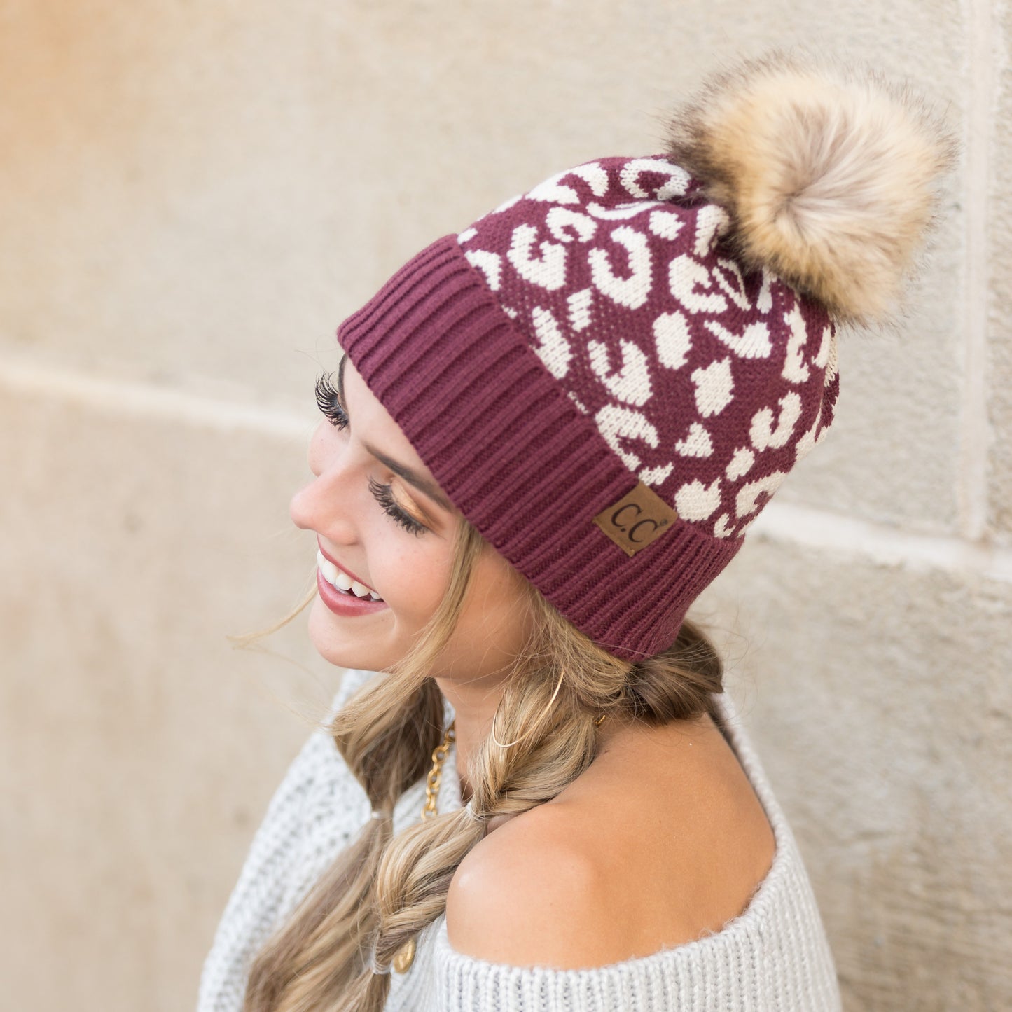 C.C® Natural Leopard Pom Beanie