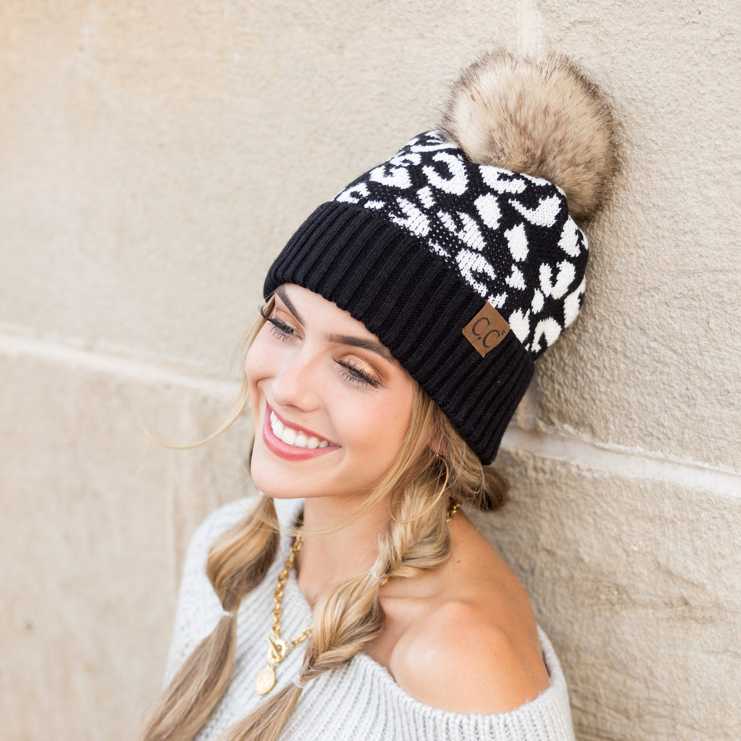 C.C® Natural Leopard Pom Beanie