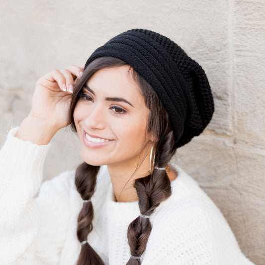 Waffle Weave Slouchy Beanie- Black