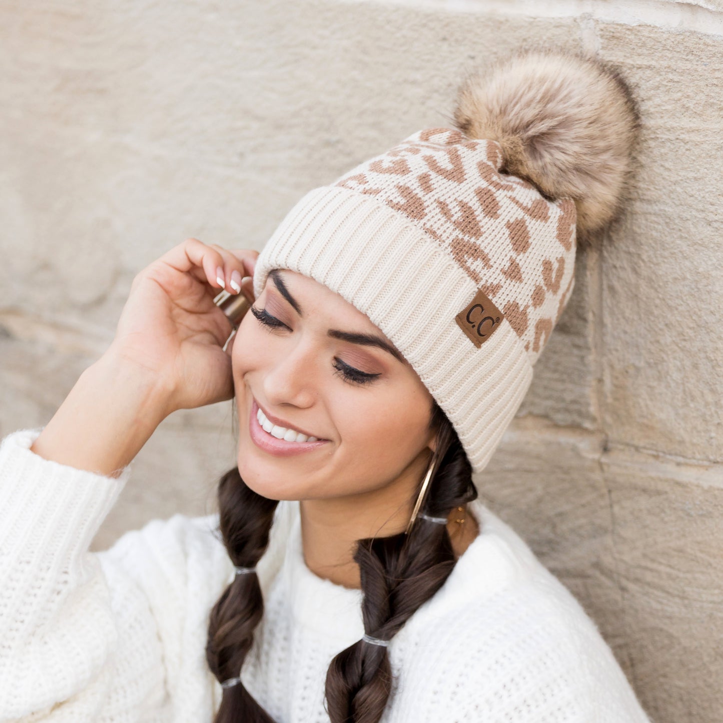 C.C® Natural Leopard Pom Beanie