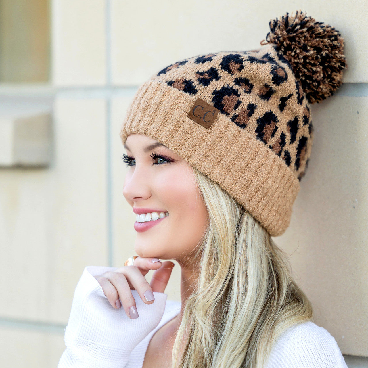 CC Leopard Pom Beanie - Latte