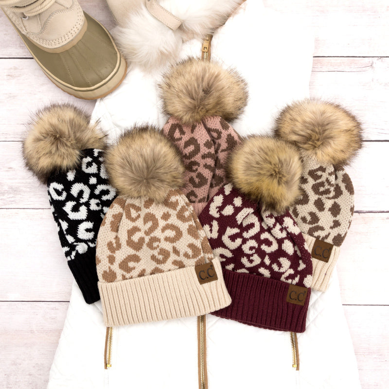 C.C® Natural Leopard Pom Beanie