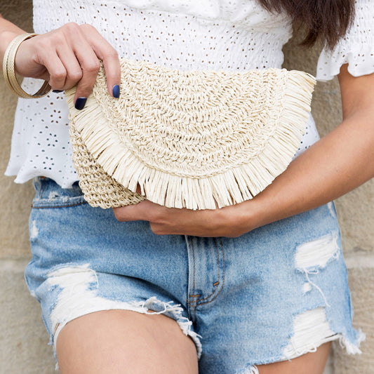 Frayed Fold Over Clutch- Natural