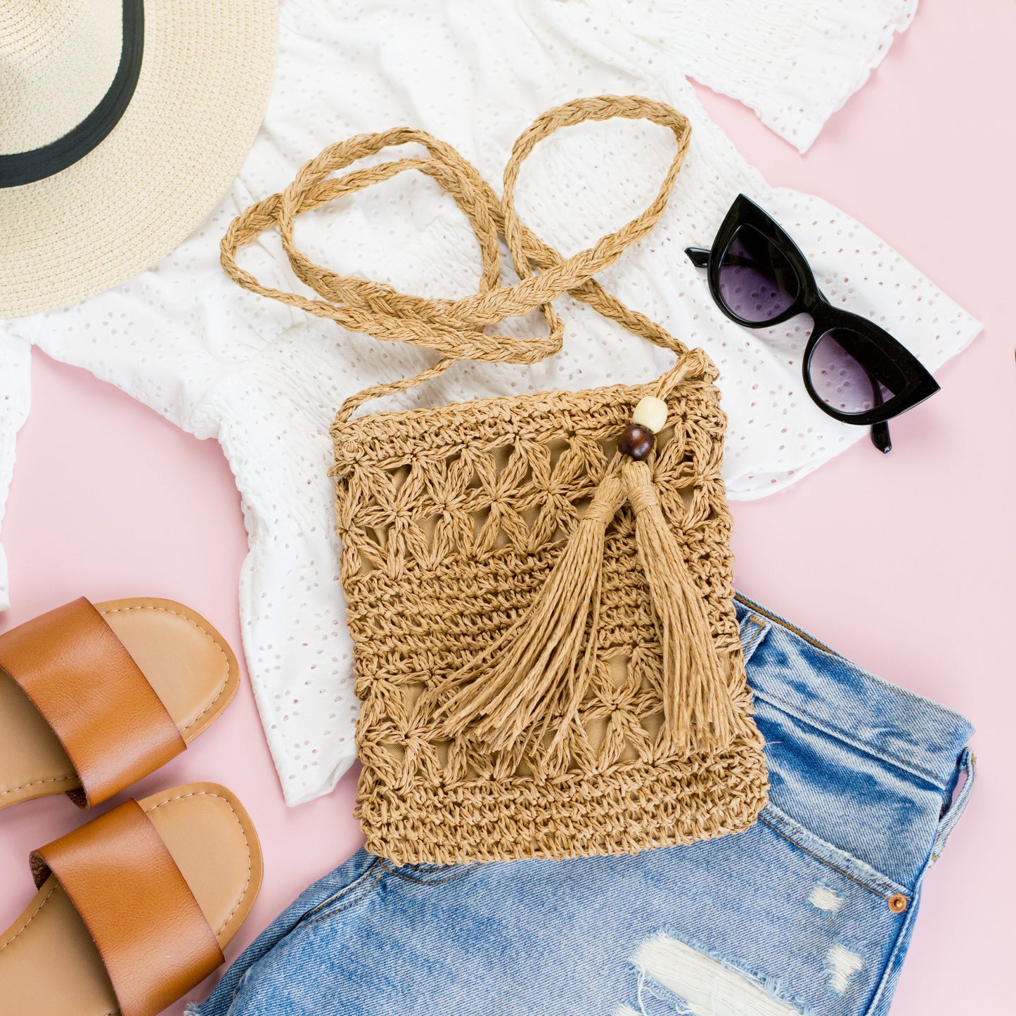 Woven Straw Tassel Accent Crossbody Bag