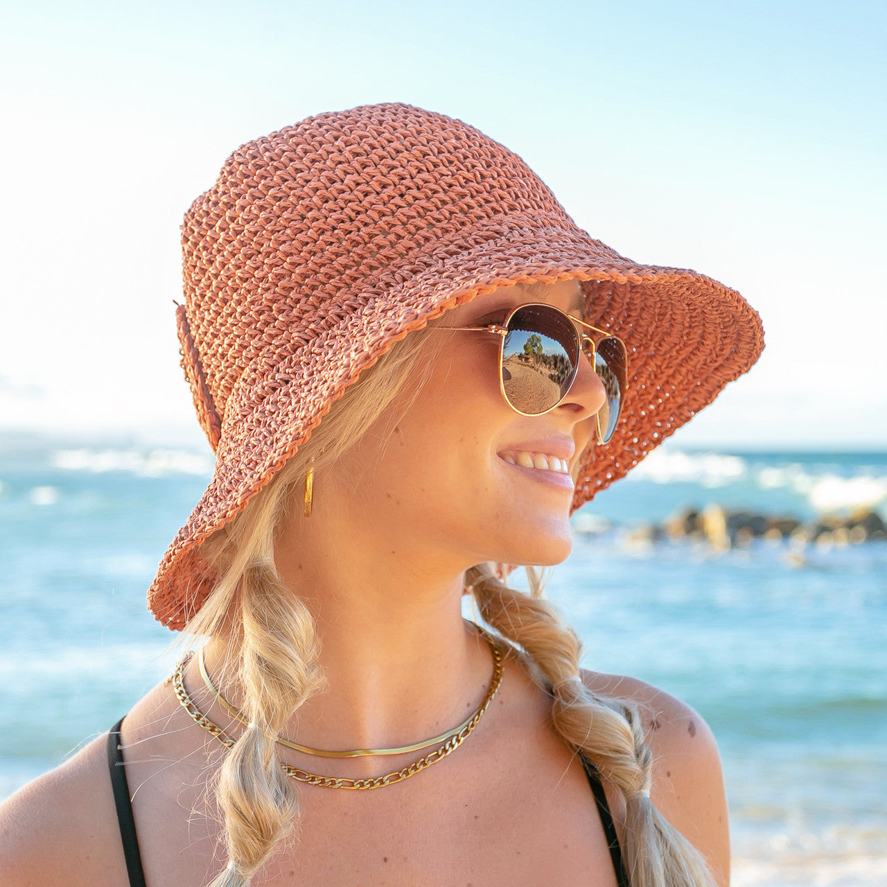 Bow Accent Straw Hat- Rust