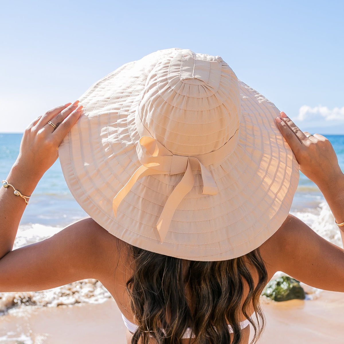 Tarnish Wide-Brim Sun Hat with Bow in Tan Big Brim Sun Hat with Wide Ribbon and Bow, UPF50+, Packable  main image 2