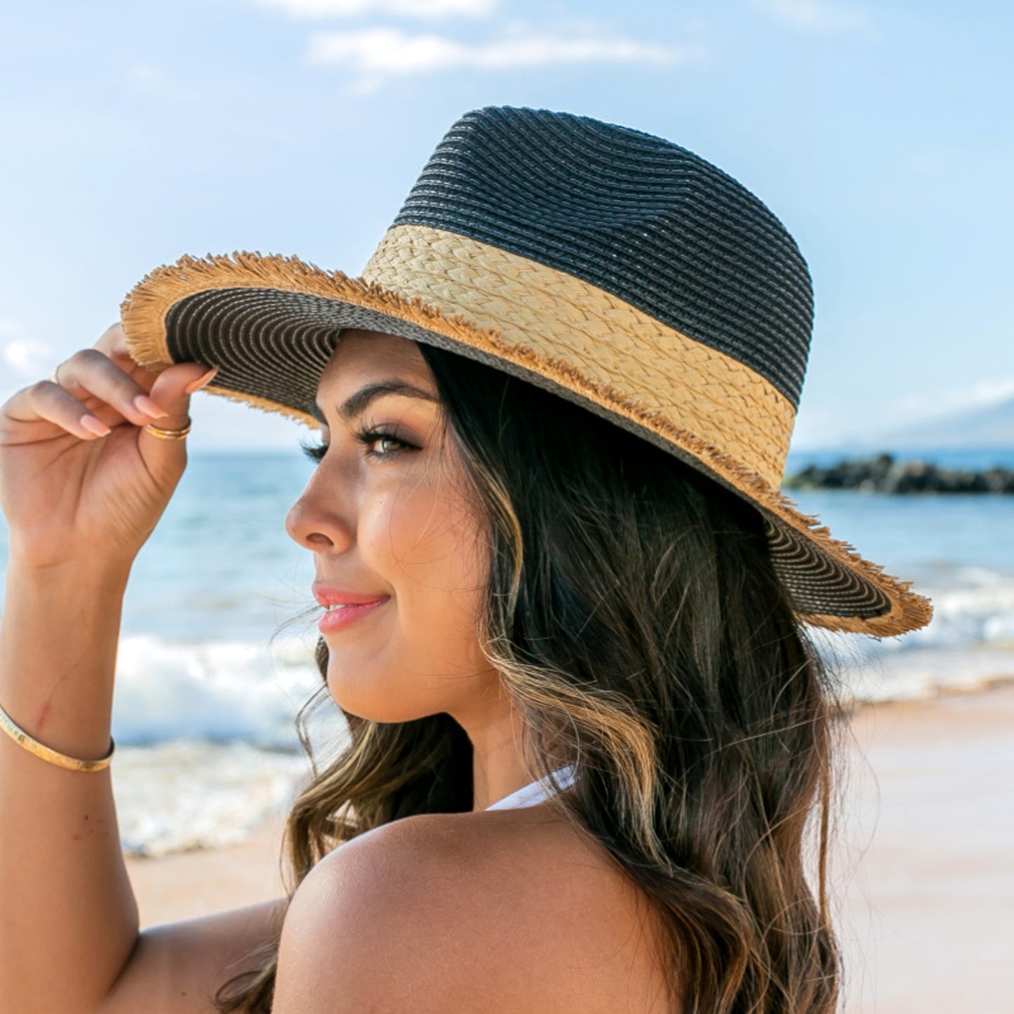 Fray-Edge Rattan Band Straw Panama Fedora Hat