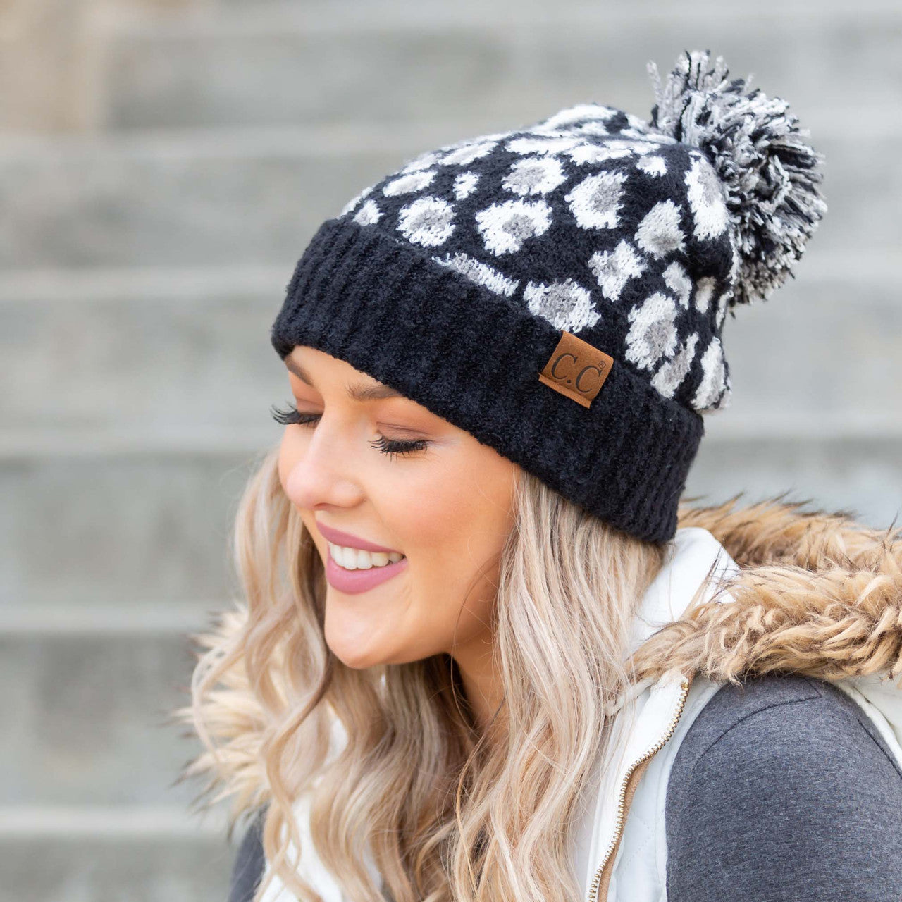 CC Leopard Pom Beanie - Black