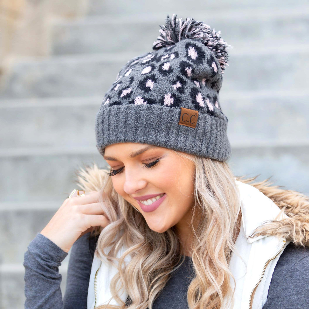 CC Leopard Pom Beanie - Lt Mel Gray