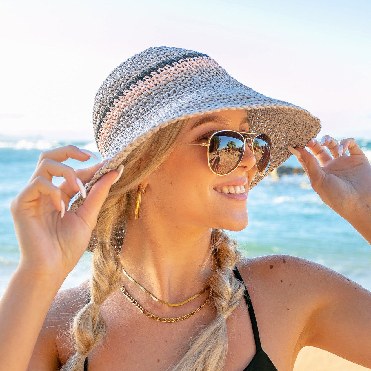 Stripe Accent Straw Hat- Gray