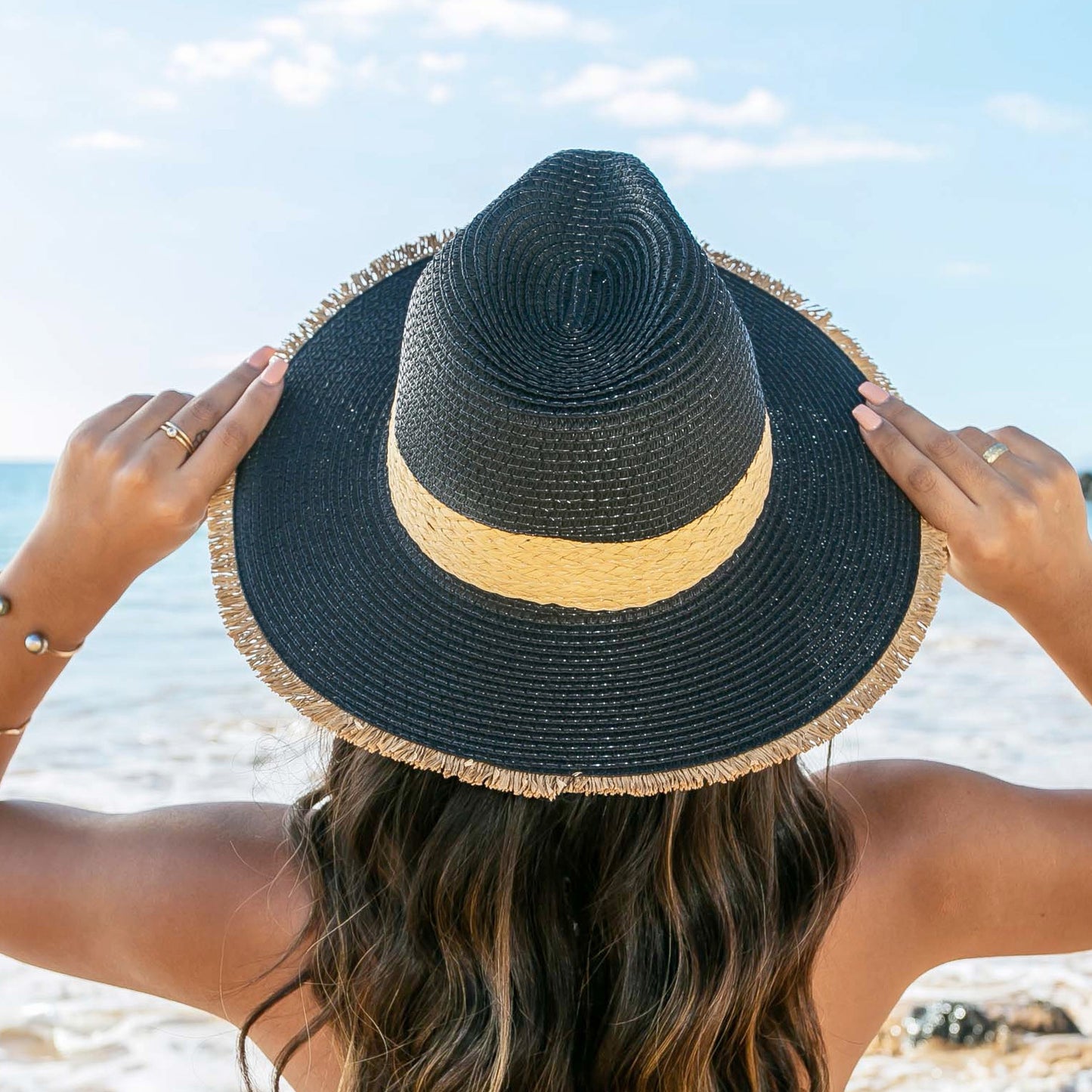 Fray-Edge Rattan Band Straw Panama Fedora Hat