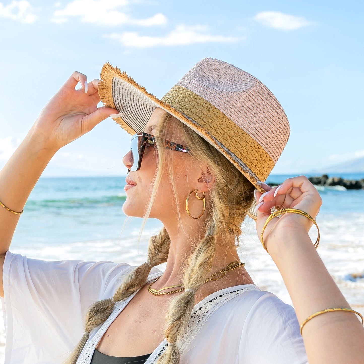 Fray-Edge Rattan Band Straw Panama Fedora Hat