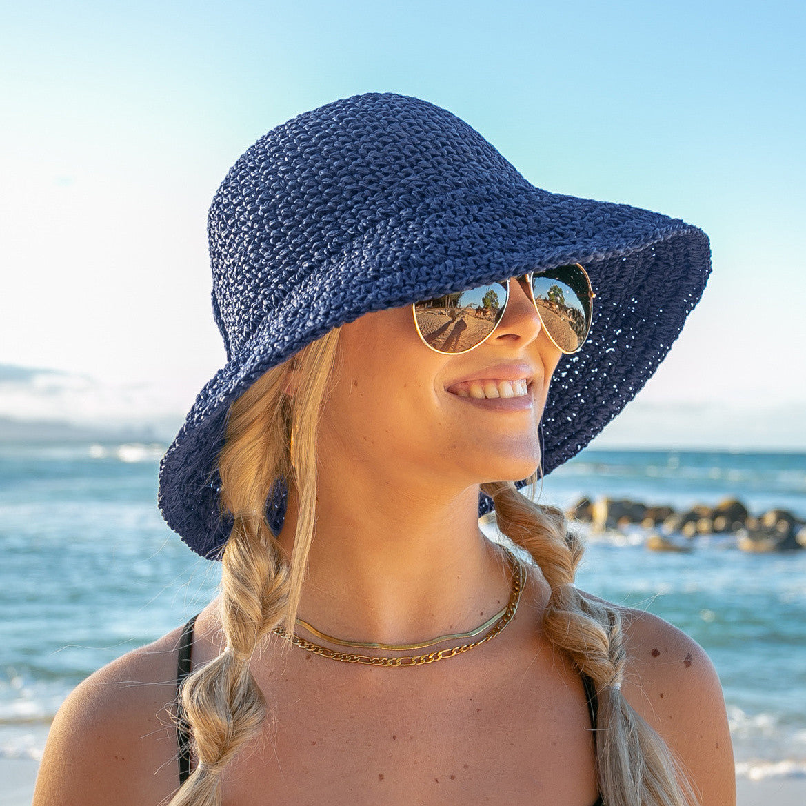 Bow Accent Straw Hat- Navy